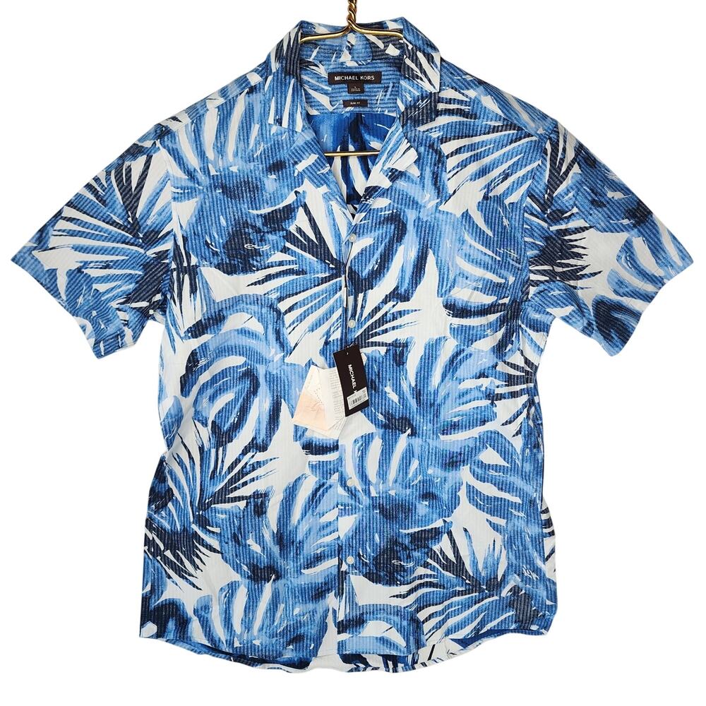 Michael Kors Mens Slim-Fit Stretch Palm-Print Seersucker Shirt Blue L